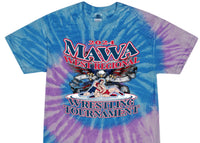 Load image into Gallery viewer, Spiral blue and purple tie dye with Mawa logo
